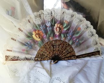 XL Victorian Antique French Fan, Antique Black Hand Fan