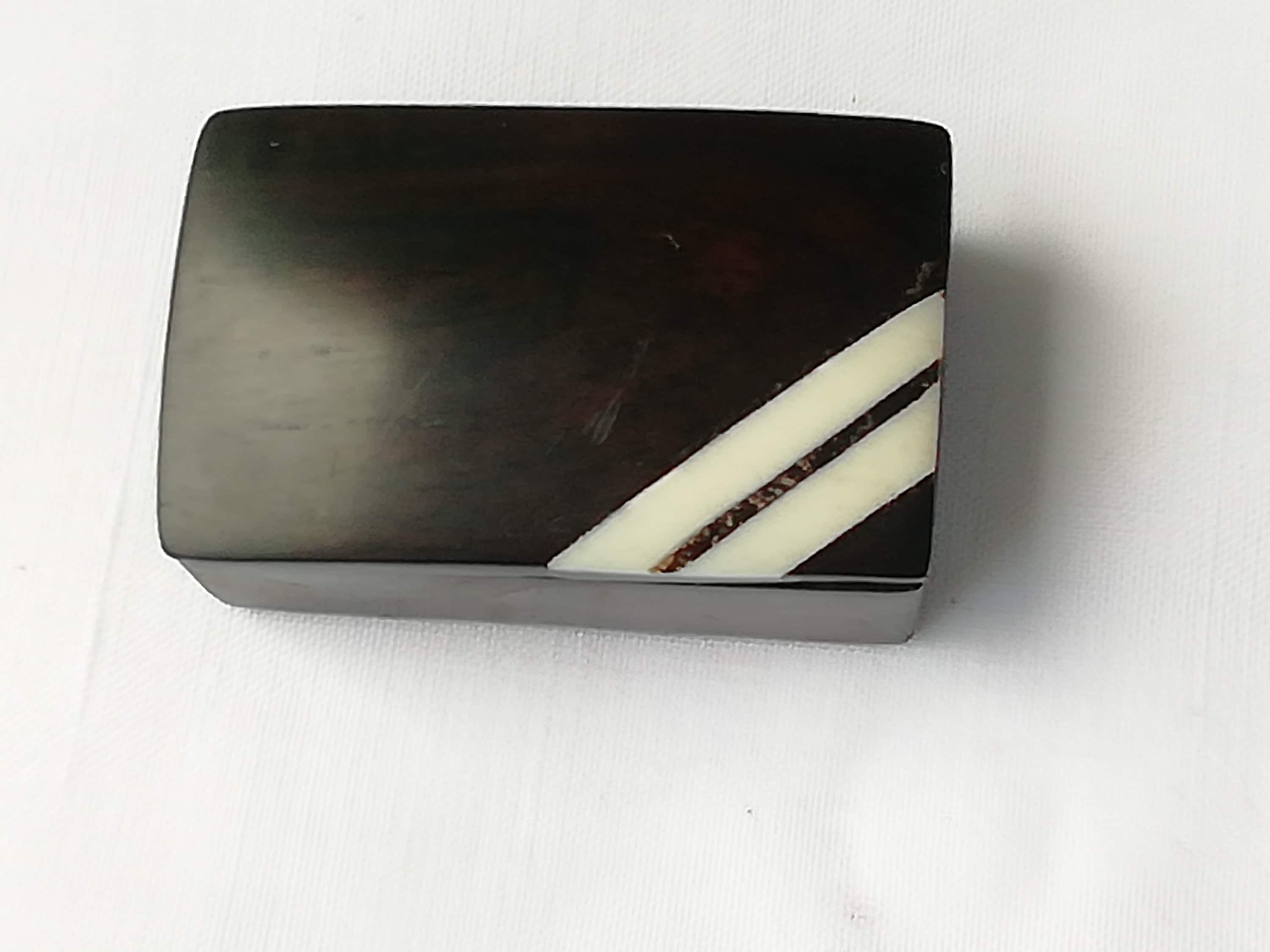 Antique Ebony Wood Pillbox Colonial Style Exotic Inlay - Handmade African Snuff Box