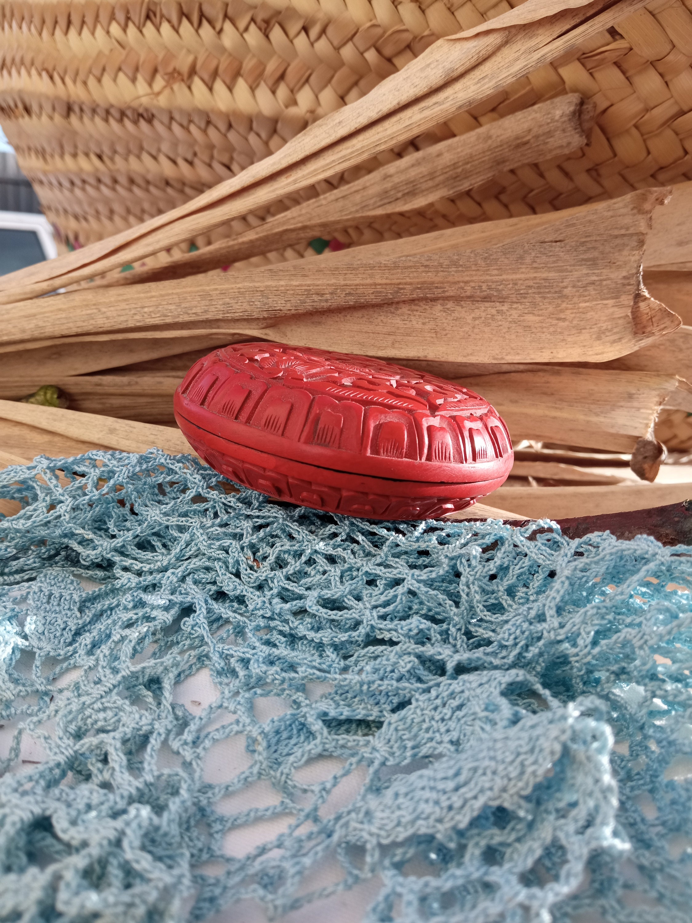 Antique Chinese Cinnabar Trinket Box: Hand-carved Red Antique Chinese Cinnabar Trinket Box: Hand-carved Red