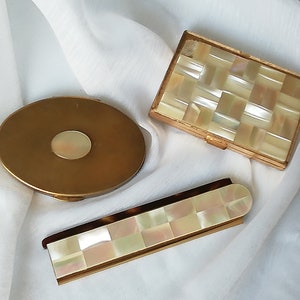Vintage Mother of Pearl Vanity Set: Powder Bowl, Mirror & Comb