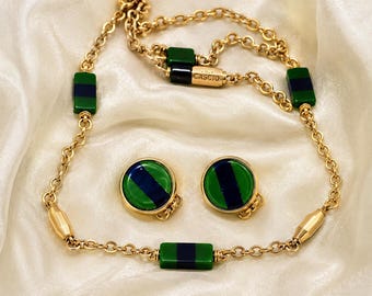 Vintage Bijoux Cascio Italian Jewelry Set Necklace & Clip Earrings Green Blue