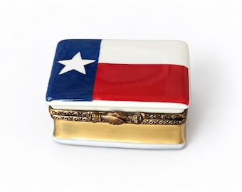 Limoges France Hand Painted Pill Box with Texas Flag, Handshake Clasp