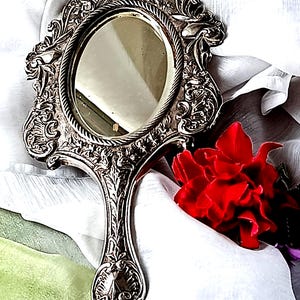 Antique Vanity Mirror – 19th Century Art Nouveau, Hand-Carved Floral Design, Portuguese Sterling Silver Hallmarked, Vintage Silver Mirror