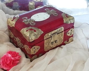 ヴィンテージ中国製木製ジュエリーボックス：骨象嵌の東洋風装飾