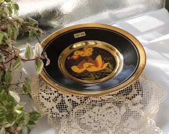 Vintage Chokin Plate: 24KT Gold Edged Longevity Art, Made in Japan