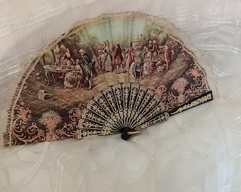 Vintage Spanish Hand Fan – Romantic Scene, Folding, Decorative Wall Fan, Flamenco Accessory