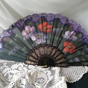 French Courtship Fan - Vintage 1980s Hand-Painted French Fabric Fan – Elegant Decorative Folding Fan, Retro Parisian Accessory