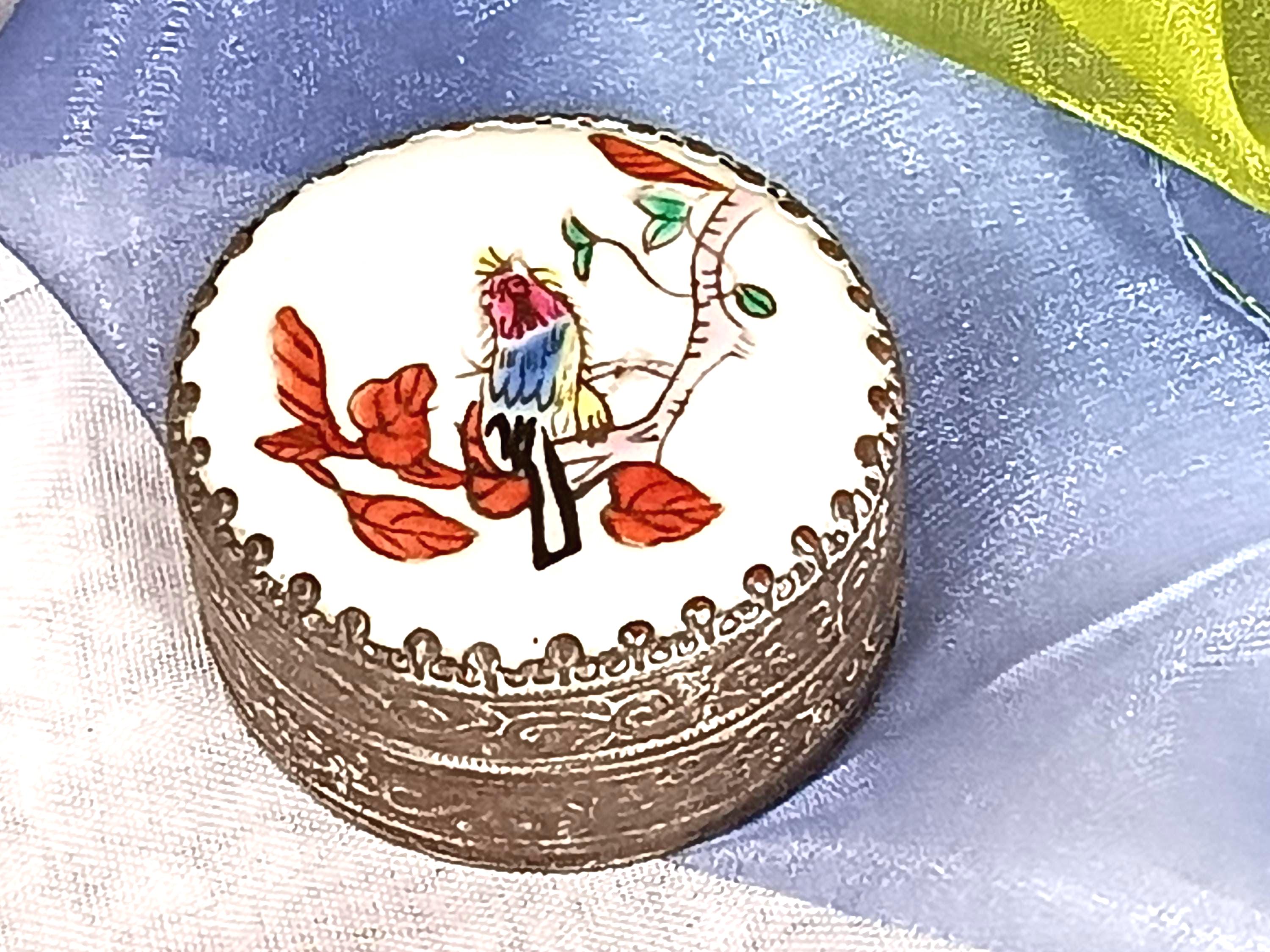 Vintage Handmade Chinese Porcelain Trinket Box - Hand Painted Lid in Silver & Copper