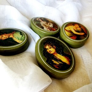 Antique Swiss Tin Boxes Set of 4 – Vintage Collectible Metal Tins – Decorative Storage Containers – Retro Kitchen Decor – European Souvenir