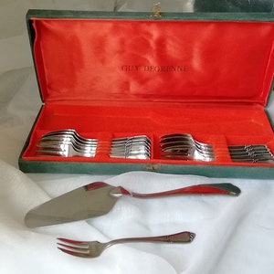 Vintage Guy Degrenne France Dessert Cutlery Case - Silverware Set with Storage Box - Retro Dining Decor