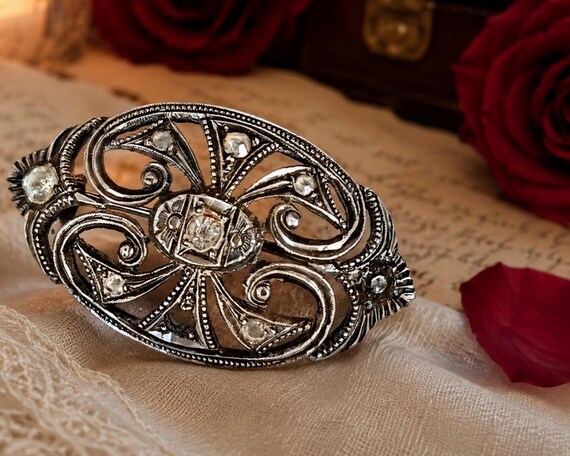 Antique Portuguese Sterling Silver Brooch – Handmade Lady’s Chest Pin with Zircon Stones