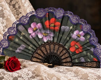 Vintage Spanish 1980s Hand-Painted Folding Fan with Lace