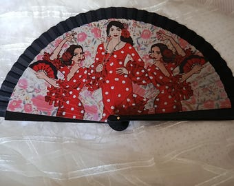 Vintage Spanish Flamenco Hand Fan Lacquered Wood Dancer Folding Fan