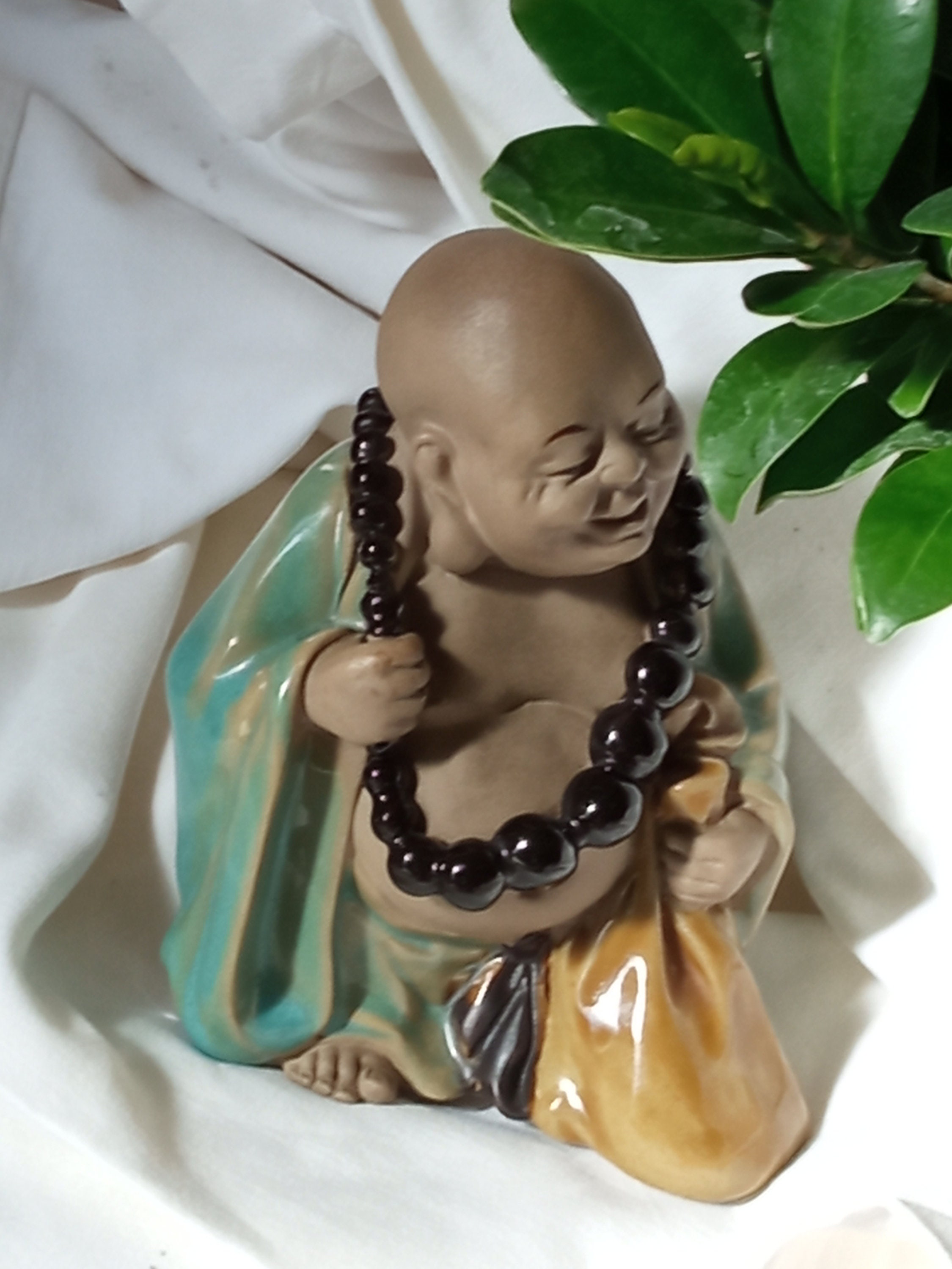 Antique Smiling Buddha Statue: Glazed Terracotta Monk, Lucky Feng