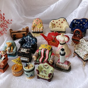 Coleção de caixinhas de porcelana vintage – Miniaturas de caixas para guardar lembranças – Caixas de presente em formato de sofá, farol, bule e anel