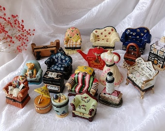 Vintage-Porzellan-Schmuckkästchen-Kollektion – Miniatur-Erinnerungskästchen – Sofa-Leuchtturm-Teekannen-Ring-Geschenkboxen