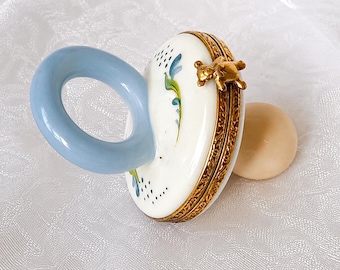 Vintage Limoges France Baby Pacifier Trinket Box Hand Painted Signed R.R. Porcelain Teddy Bear Clasp