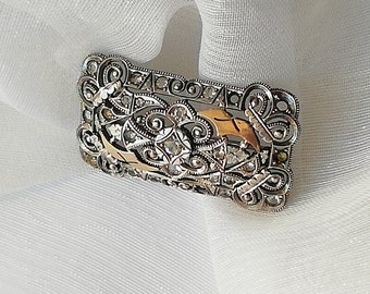 Sterling Silver AntIque  Brooch  -Portuguese Sliver ang gold Hallmmarked  - Vintage Silver  and gold Pin with Distinctive Marking.