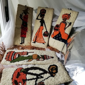 Vintage 1960s Handmade African Women Wall Panels – Ethnic Bohemian Home Decor, Unique Art Collection, African Artwork