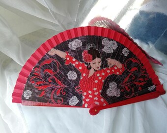 Vintage Spanish Flamenco Hand Fan Lacquered Wood Dancer Folding Fan