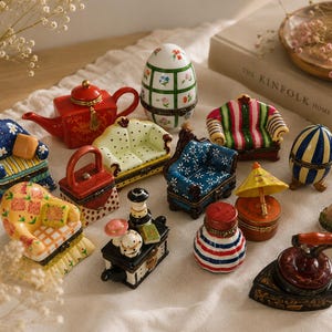 Vintage porseleinen snuisterijdoosjescollectie – miniatuur aandenkendoosjes – geschenkdozen bank vuurtoren theepotring