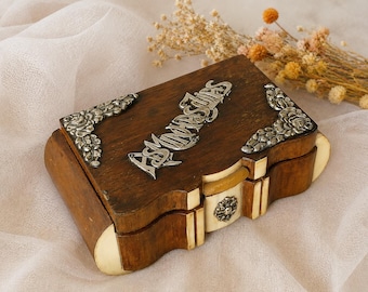 Vintage Art Deco Wooden Jewelry Box Silver Inlay Keepsake Box