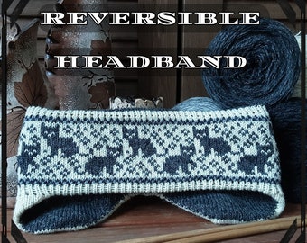 100% woollen knitted reversible ear warmer with cute, little, grey, and white kittens.