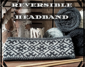 100% woollen knitted reversible ear warmer in grey colour and traditional pattern designs on each side of ear warmer