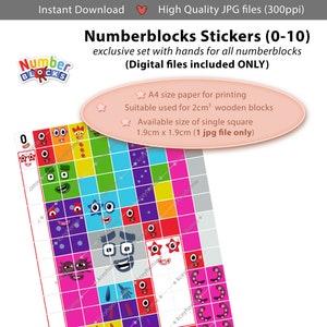 Numberblocks Faces 0-10 and Hands 1.9cm, A4 Stickers Printing, Instant Digital Download, Educational Toy for Toddler, Numeracy Learning