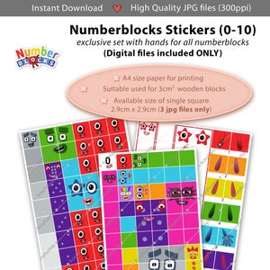 Numberblocks Faces 0-10 and Hands 2.9cm, A4 Stickers Printing, Instant Digital Download, Educational Toy for Toddler, Numeracy Learning