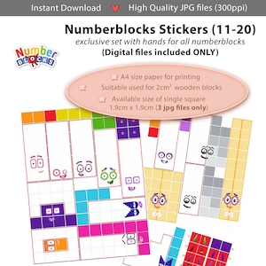 Może przedstawiać: Drukowane naklejki Numberblocks do drewnianych klocków o wymiarach 2 cm. Naklejki przedstawiają postacie z programu Numberblocks, z numerami od 11 do 20. Obrazek przedstawia siatkę naklejek z twarzami postaci i numerami od 11 do 20.