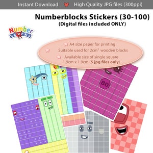Blocos numéricos enfrentam 30-100 e mãos 1,9 cm, impressão de adesivos A4, download digital instantâneo, brinquedo educacional para crianças pequenas, aprendizado de numeracia