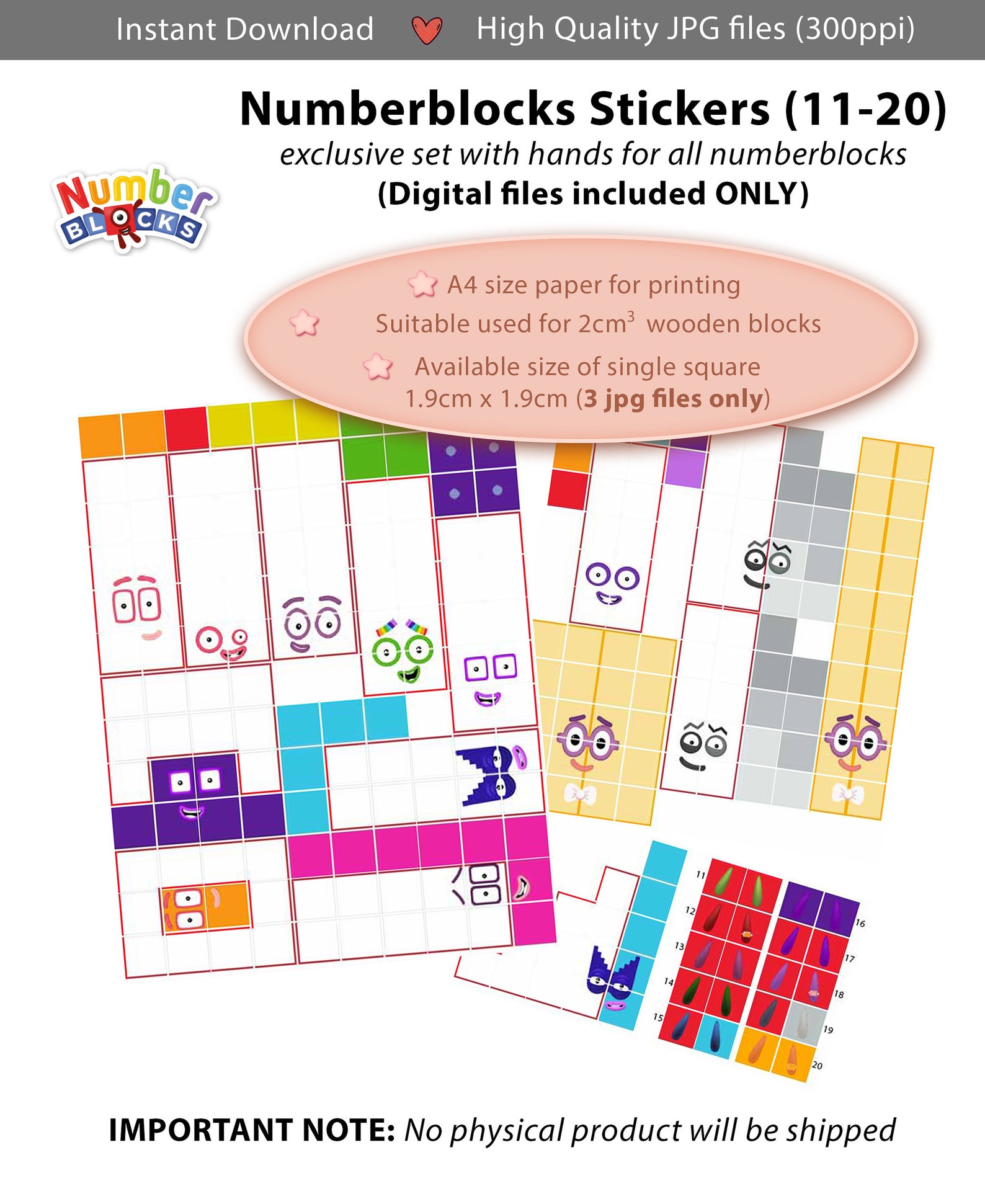 Numberblocks Faces 11 20 And Hands 19cm A4 Stickers Etsy