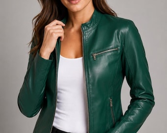 Handmade Emerald Green Leather Moto Jacket, Slim Fit Cafe Racer Style