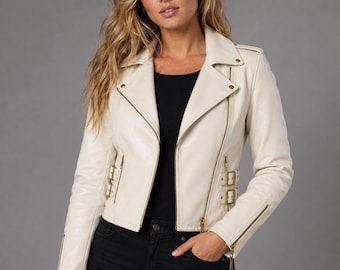 Women’s Ivory White Leather Biker Jacket, Moto Motorcycle Jacket, Custom Fit Handmade Outerwear