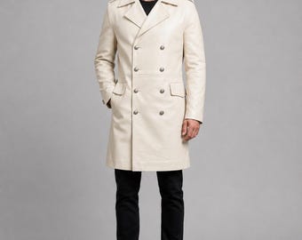Cream Leather Trench Coat, Double Breasted Long Leather Jacket with Belt, Classic Fashion Outerwear