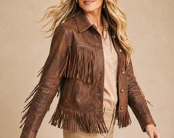 Women's Brown Fringe Leather Jacket, Western Cowgirl Jacket, Handmade Rodeo Country Concert Festival Outfit