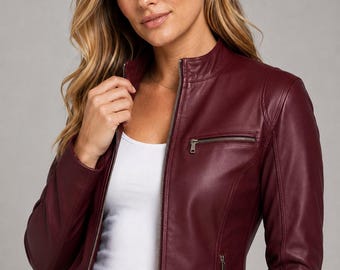 Women's Burgundy Leather Cafe Racer Jacket, Handmade with Free Custom Sizing