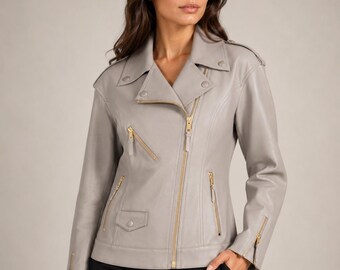 Women's Taupe Leather Moto Jacket, Genuine Leather Biker Style, Gold Hardware, Handmade Custom Sizing