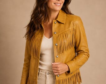 Women's Mustard Fringe Leather Jacket, Western Cowgirl Style, Genuine Leather, Handmade to Order