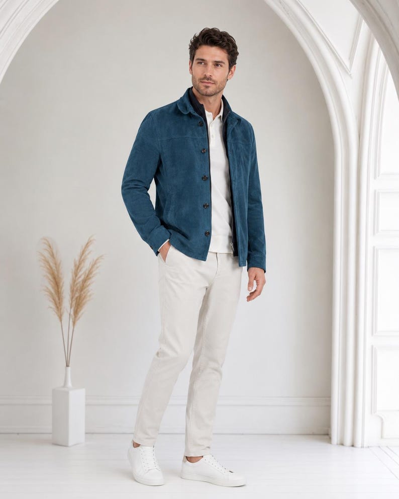 May include: A teal blue suede jacket with a pointed collar and dark buttons, worn over a white polo shirt. The outfit includes light beige trousers and white sneakers. The jacket features long sleeves and a structured fit, paired with neutral pants.
