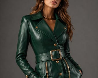 Emerald Green Leather Trench Coat, Belted Moto Style Outerwear