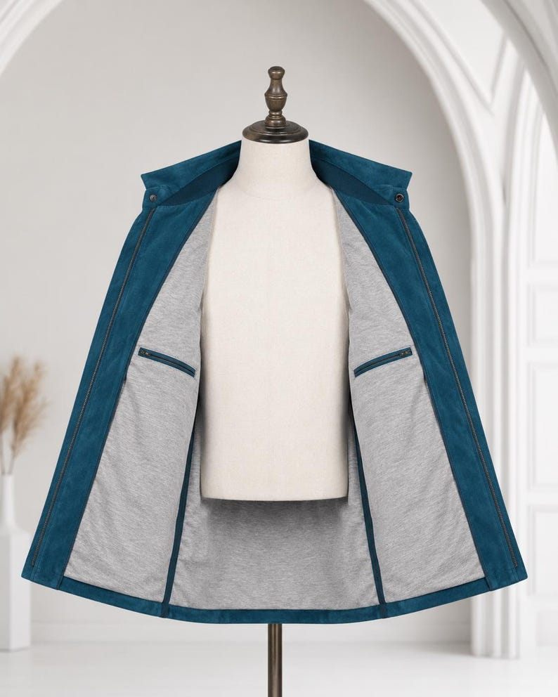 May include: A teal jacket displayed on a mannequin, featuring a fold-down collar and a full-length front zipper. The interior is lined with a light gray fabric and includes two horizontal zippered pockets on the inner chest panels.