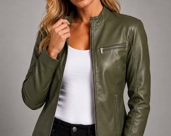 Women's Olive Leather Moto Jacket, Band Collar, Zippered Pockets