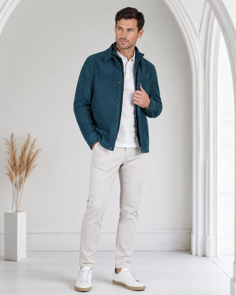 May include: A teal suede jacket with a button-down front and collar, worn over a white polo shirt. The outfit is completed with light beige trousers and white sneakers, creating a coordinated look with clean lines and a textured fabric finish.