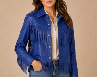 Cobalt Blue Fringe Leather Jacket, Western Cowgirl Style, Genuine Leather, Handmade