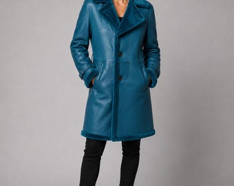 Teal Blue Leather Coat, Shearling Lining, Custom Size, Handmade Button Front Winter Jacket