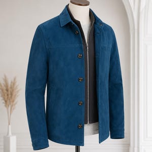 May include: A blue suede jacket featuring a classic collar, long sleeves, and a front button closure. The jacket is layered over a black zippered vest and a light gray shirt, displayed on a mannequin to showcase the texture and structure.