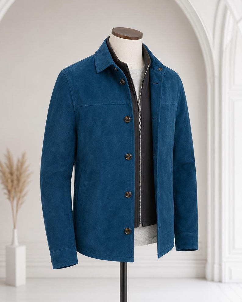 May include: A blue suede jacket featuring a classic collar, long sleeves, and a front button closure. The jacket is layered over a black zippered vest and a light gray shirt, displayed on a mannequin to showcase the texture and structure.