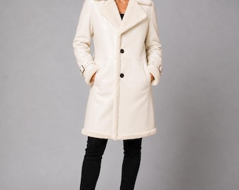 Handmade Ivory Leather Coat, Shearling Lining, Custom Sizing (Made to Order)